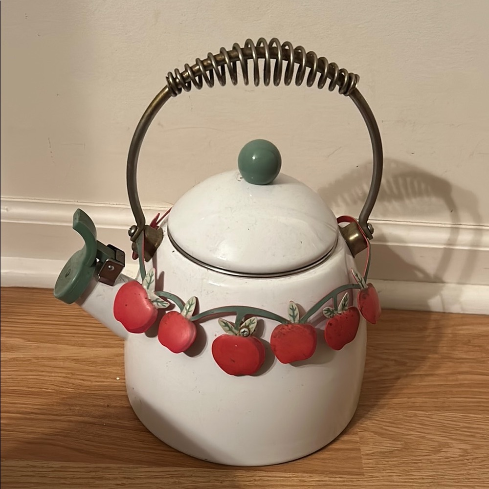 White Via Ancona 1999 Enamel Whistling Tea Kettle Red/Orange Garland